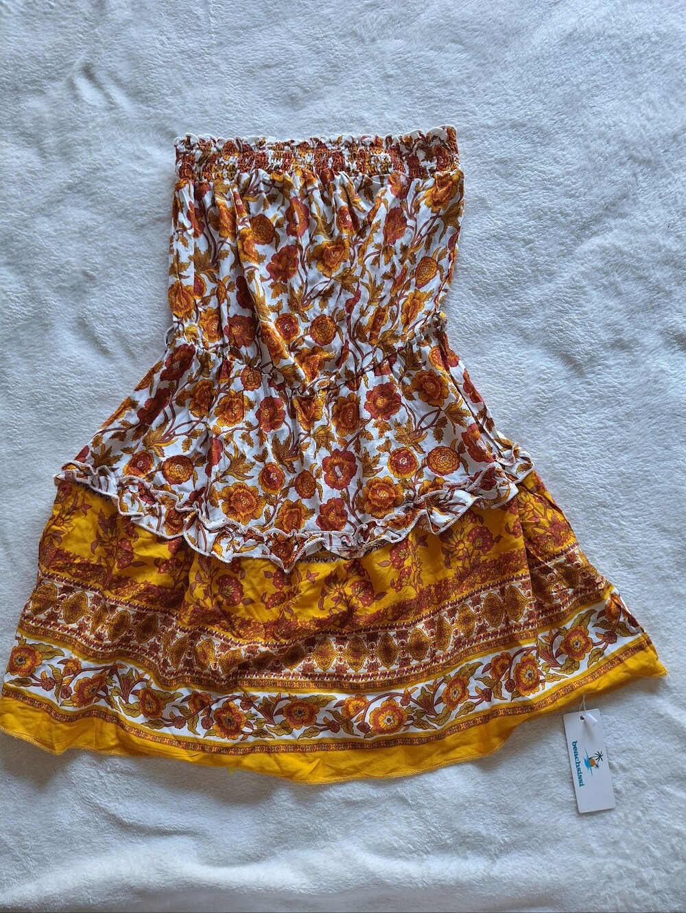 NWT Beachsissi Boho Floral Strapless Smocked Tiered Ruffle Tube Mini Dress S